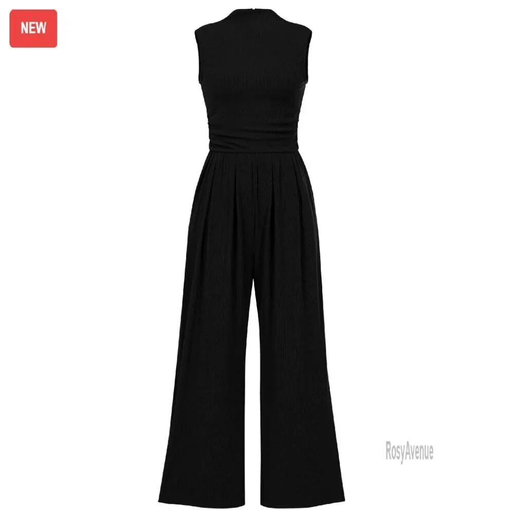 Sleeveless Mock Neck Wide Leg Jumpsuit with Pockets - Ribbed Knit